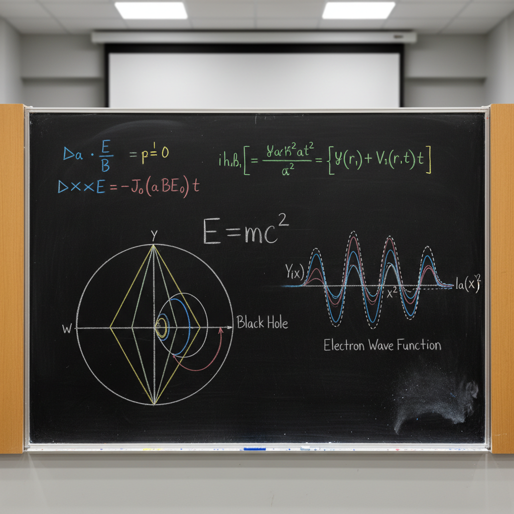 A pristine black chalkboard filling most of the frame, its surface covered with elegantly written white and colored chalk equations: Maxwell’s equations, Schrödinger’s equation, E=mc², and carefully drawn space-time diagrams and wave functions. Chalk dust lightly coats the bottom edge and forms a faint cloud near smudged portions. The chalkboard is mounted on a simple, well-lit lecture hall wall, with blurred wooden paneling and a hint of a projection screen in the distance. Overhead fluorescent lighting casts even, soft illumination with minimal glare, highlighting the chalk’s texture. Shot straight-on with sharp focus and symmetrical composition, the photographic image feels precise, contemplative, and academically serious, suggesting a concise visual index of great physics ideas.